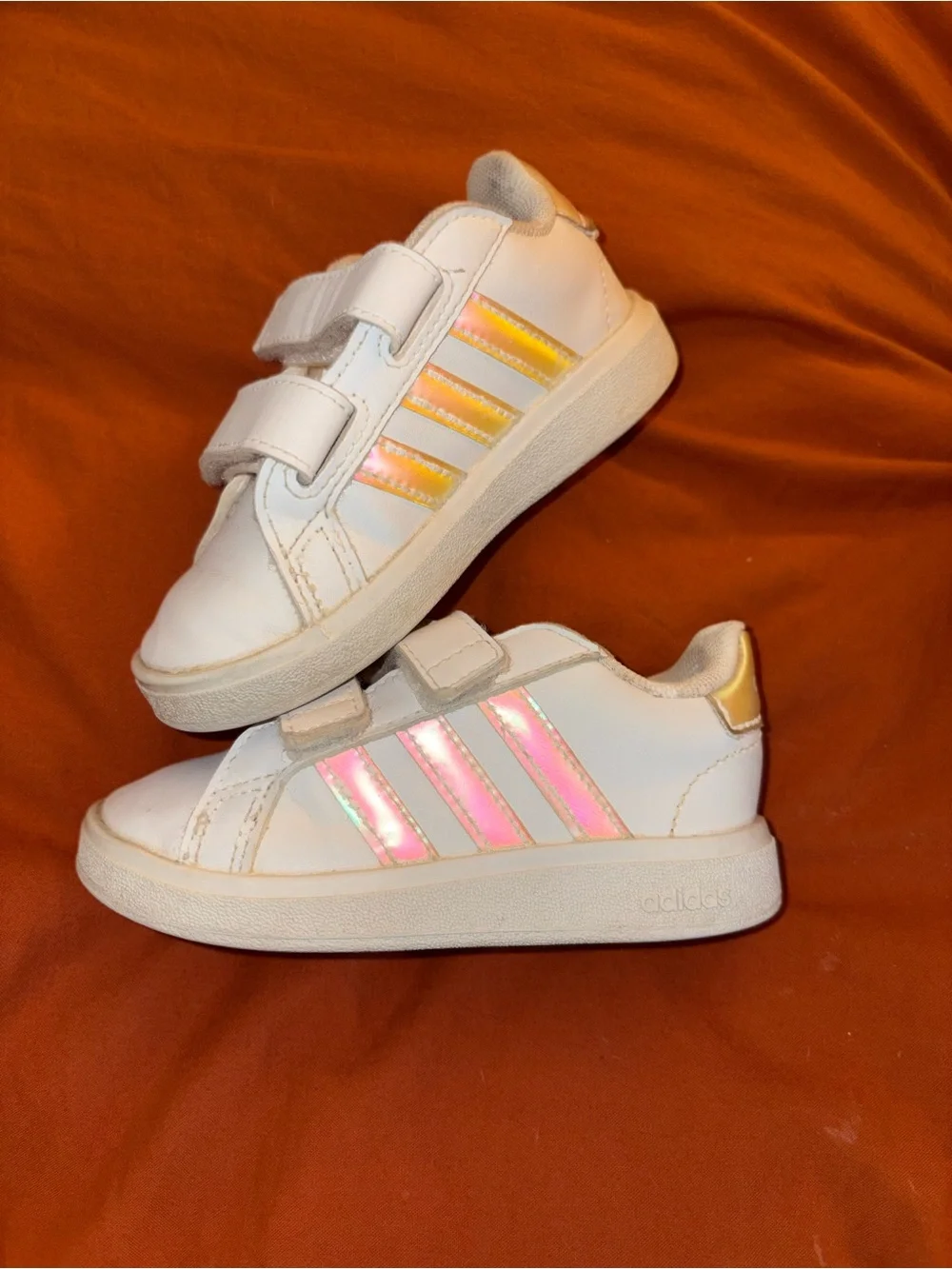 adidas Kids White Sneakers with Iridescent Pink Stripes